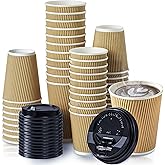 Fit Meal Prep 50 Pack 12 oz Insulated Ripple Triple Wall Paper Coffee Cups with Black Lids, Premium Disposable, Brown To Go Anti Slip for Hot Beverage, Christmas, Travel, Office