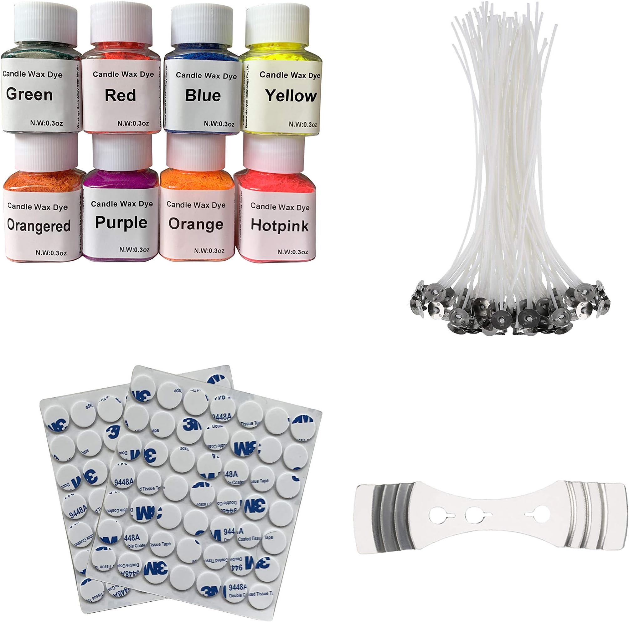 Color Candle Making Wax Dye - 8-Color high Concentration Bottled Candle Wax Dye, 100 Pieces 5 Inch Pre-Waxed Pre-Tabbed Low Smoke Candle Wicks with Stickers and 1 Candle Wick Centering Device