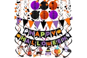FECEDY Happy Halloween Banner Paper Triangle Flag Bunting Circle Confetti Dots Hanging Garland Honeycomb Ball Swirl Streamers for Halloween Party Decorations