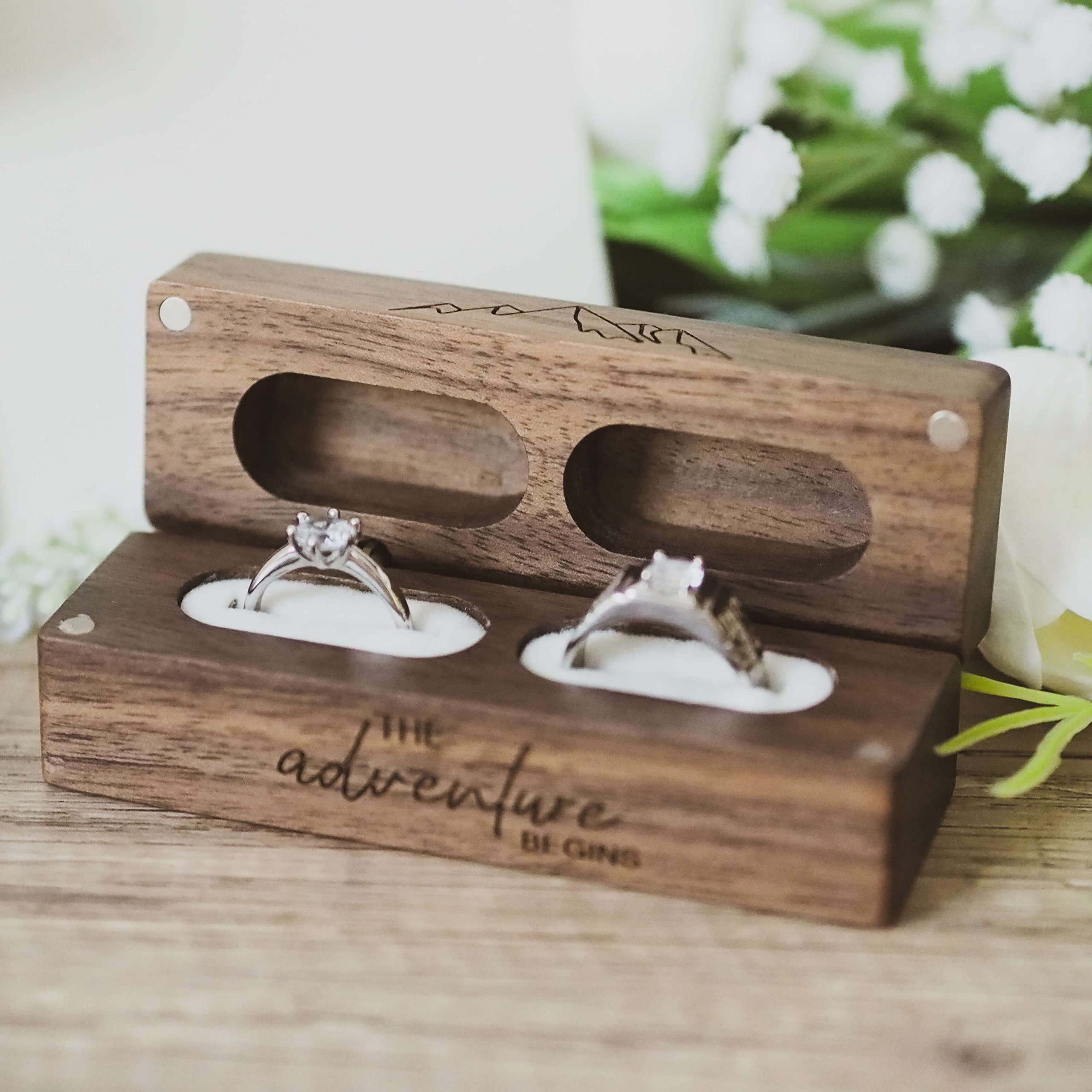 Engraved Flip Wooden 2 Ring box for wedding -Rustic Vintage Solid Wood rectangle Jewelry Storage Box