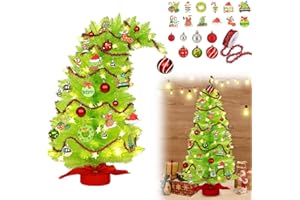MELWOD 3.4Ft Whimsical Christmas Tree, Lime Green Christmas Tree with Star Lights & Ornaments, Artificial Trees with Red Tinsel Garland, Bendable Artificial Trees for Holiday, Party, Home Xmas Decor