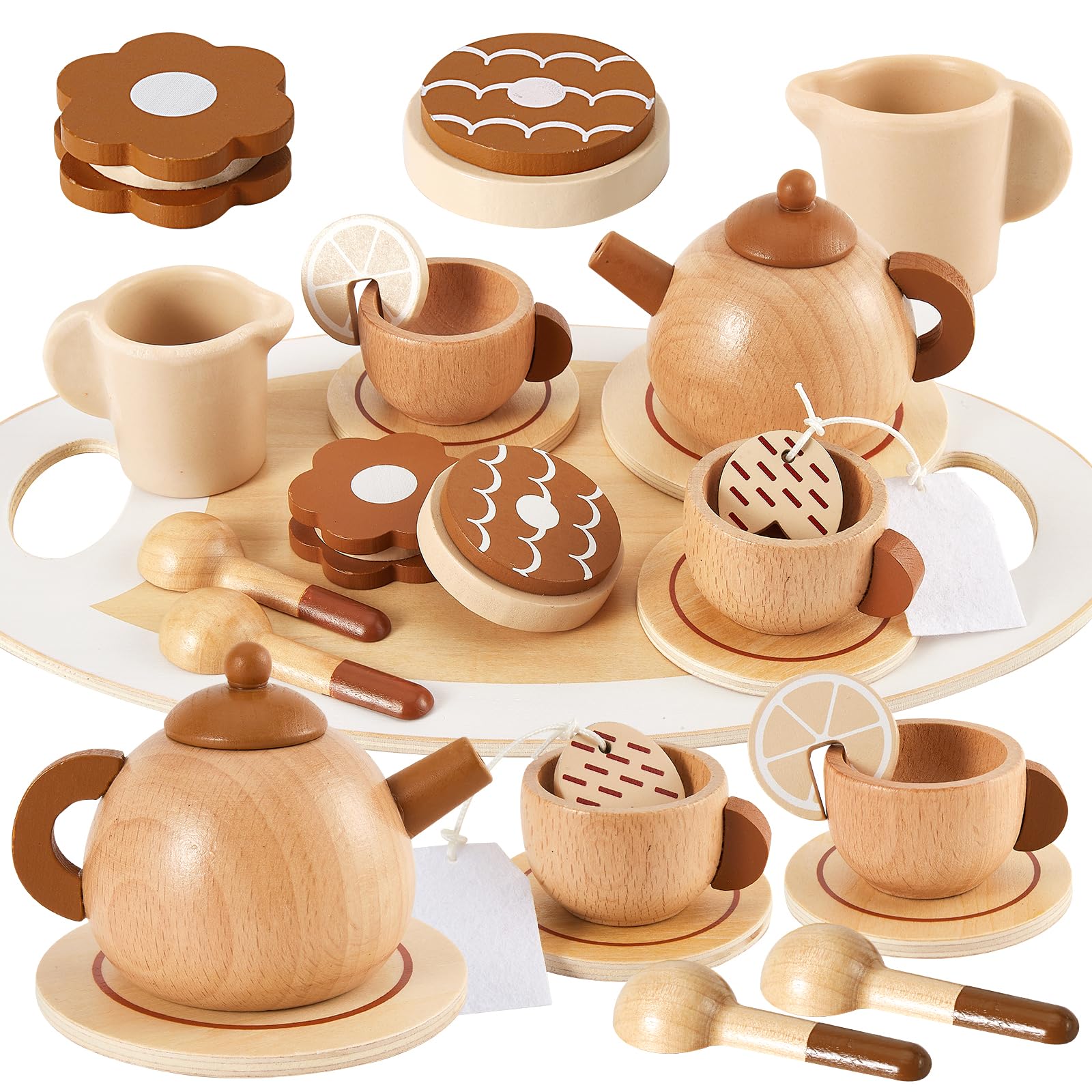 HERSITY Wooden Afternoon Tea Set Toys for 3+ Year Old Girls Boys, Kids Tea Party Set Pretend Play Food Dessert Teapot Toddler with Tray, Kitchen Accessories Gifts age 4 5 6