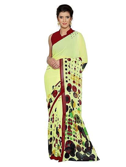 Womens Georgette Printed Saree With Blouse Piece (3185 - Yellow, Red - Free Size)