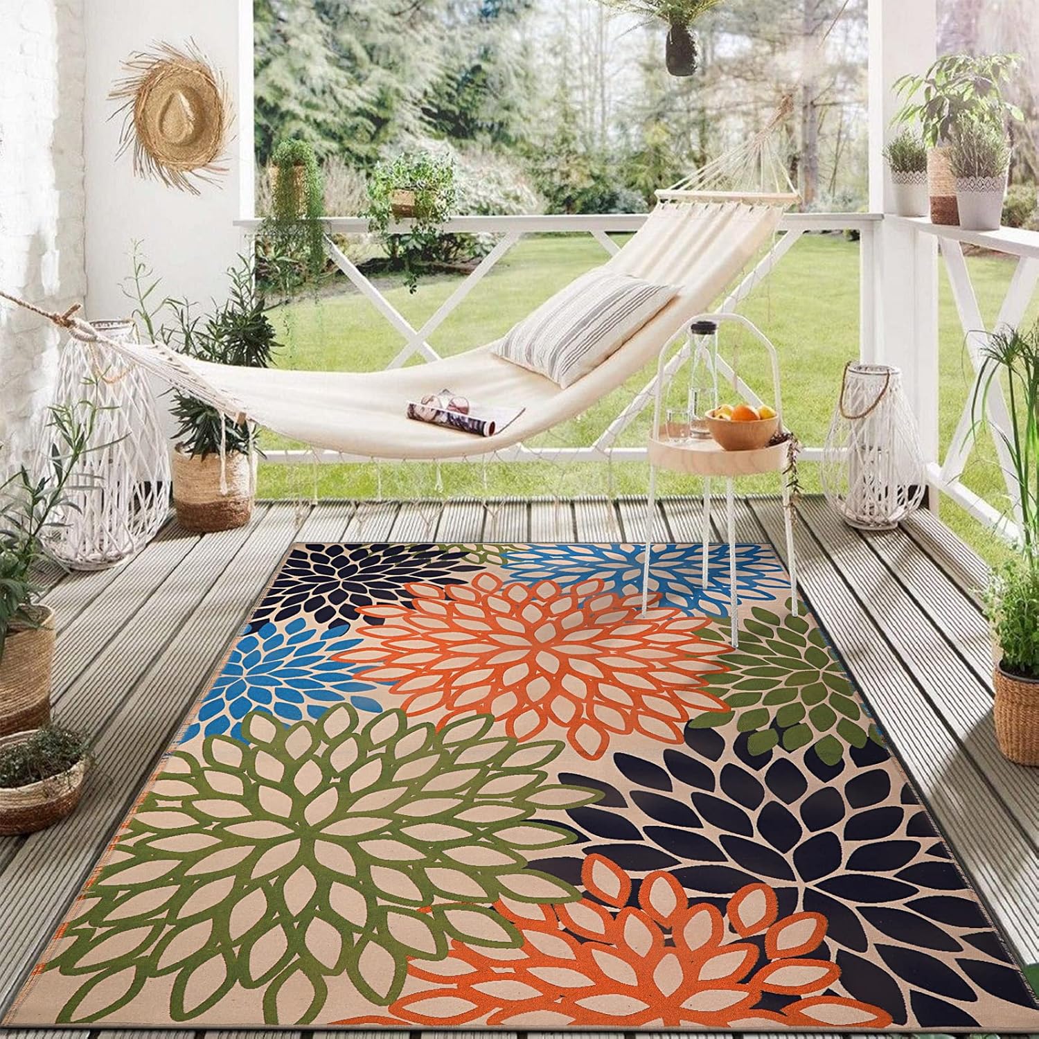 Rugs, Pads & Protectors - KIMODE Indoor Outdoor Rug 5x7 Reversible Washable Floral Area Rug Low-Profile Living Room Rug Cotton Woven Large Patio Rug Multicolor Floor Carpet for Backyard,Deck,Porch,Bedroom-Green