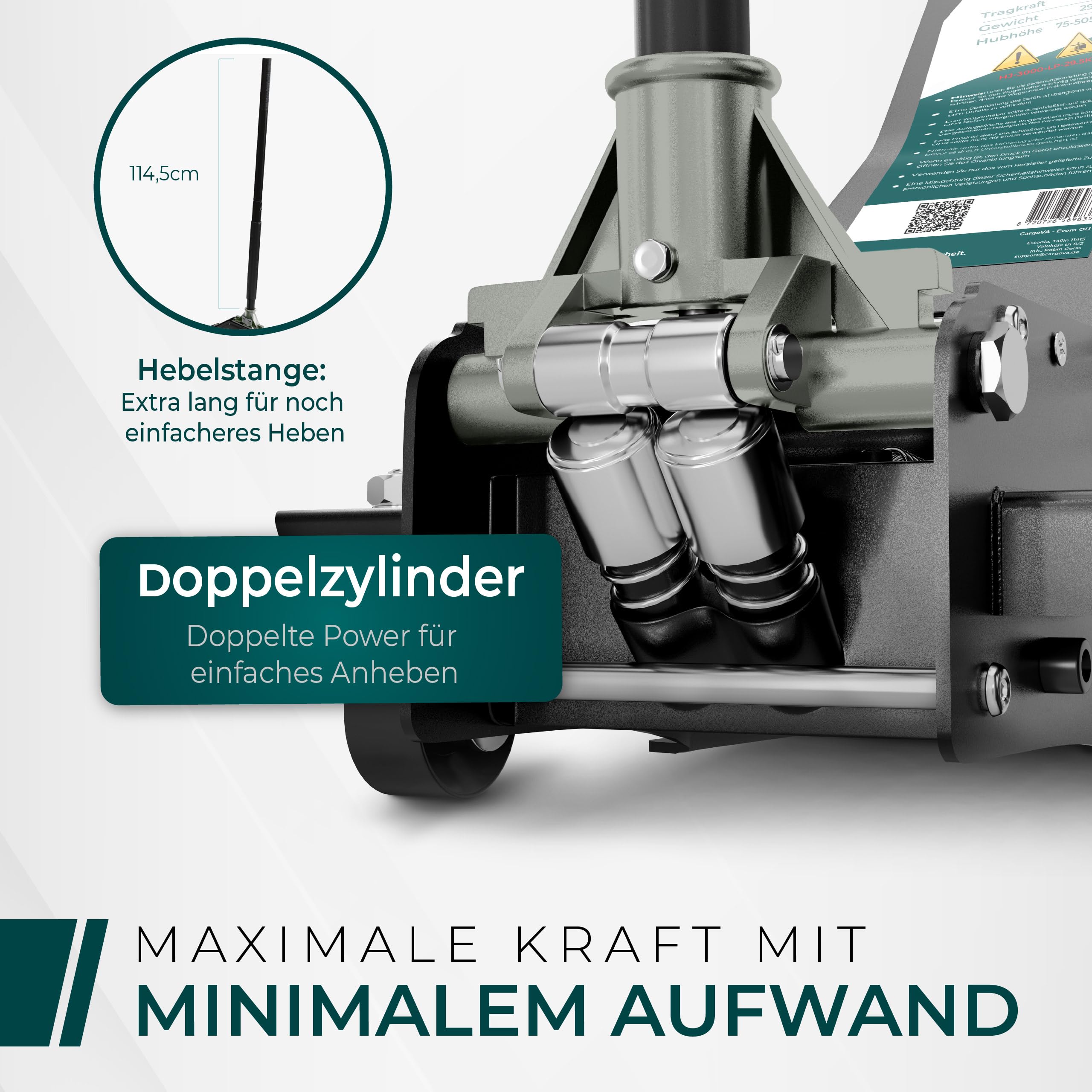 CargoVA Wagenheber 3T hydraulisch | Flacher Wagenheber mit 75-505mm Hubhöhe | Profi-Toolkit inkl. Kniematte & 2X Gummiauflagen | Ideal für SUV & tiefergelegte Autos | Rangierwagenheber Reifenwechsel 4