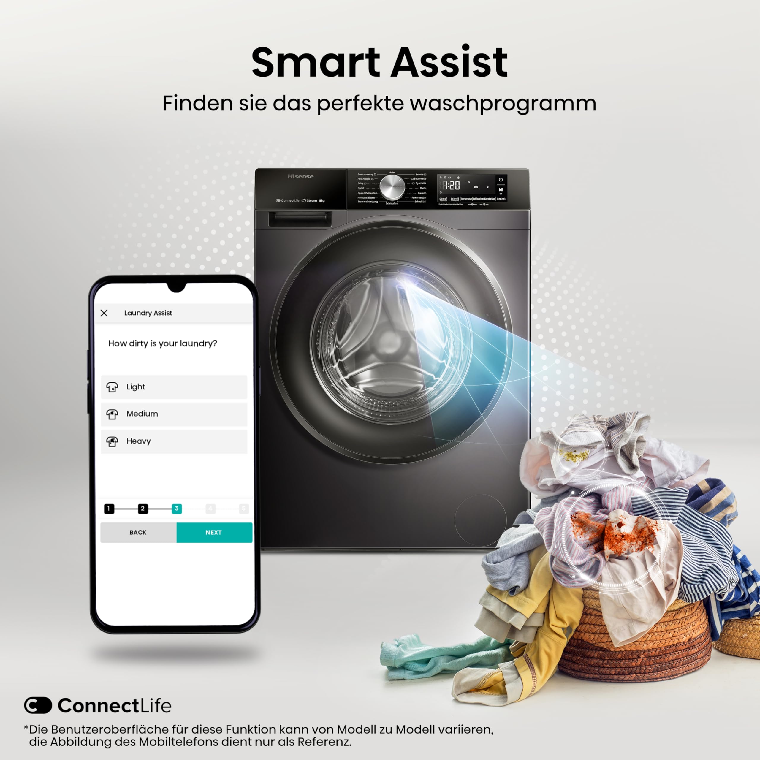 Hisense WF3S8043BB3 Waschmachine mit Dampffunkunktion, 8 kg, 1400 U,min, WIFI, ConnectLife, Power JetWash, Anti-Allergie Programm, Aqua Stop, Auto Wash, Quick Wash, EEK A-30 Prozent 7