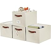 DECOMOMO Storage Baskets for Shelves - Large 15"x11"x10" Foldable Fabric Storage Bins, Baskets for Organizing with Labels (Beige, 4pcs)