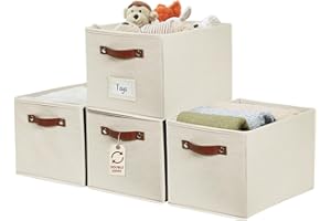 DECOMOMO Storage Baskets for Shelves, 15x11x9.9 inches Foldable Storage Bins with Labels (Beige, 4pcs)