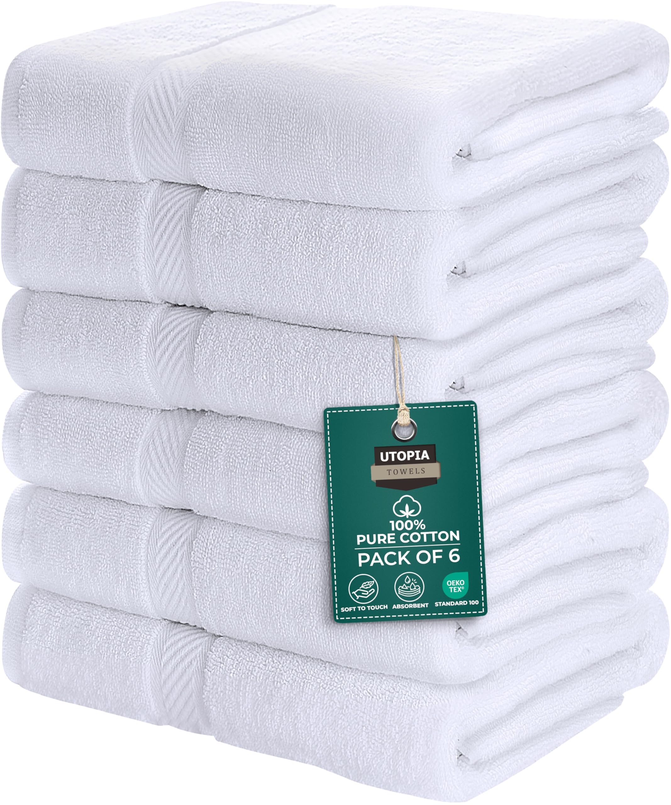 Premium 100 % Cotton White Bath Towel Set (6 Pack, 56 x 112 Centimetres) - Lightweight, High Absorbency - Multipurpose Quick Drying Pool Gym White Towel Set - by Utopia Towels