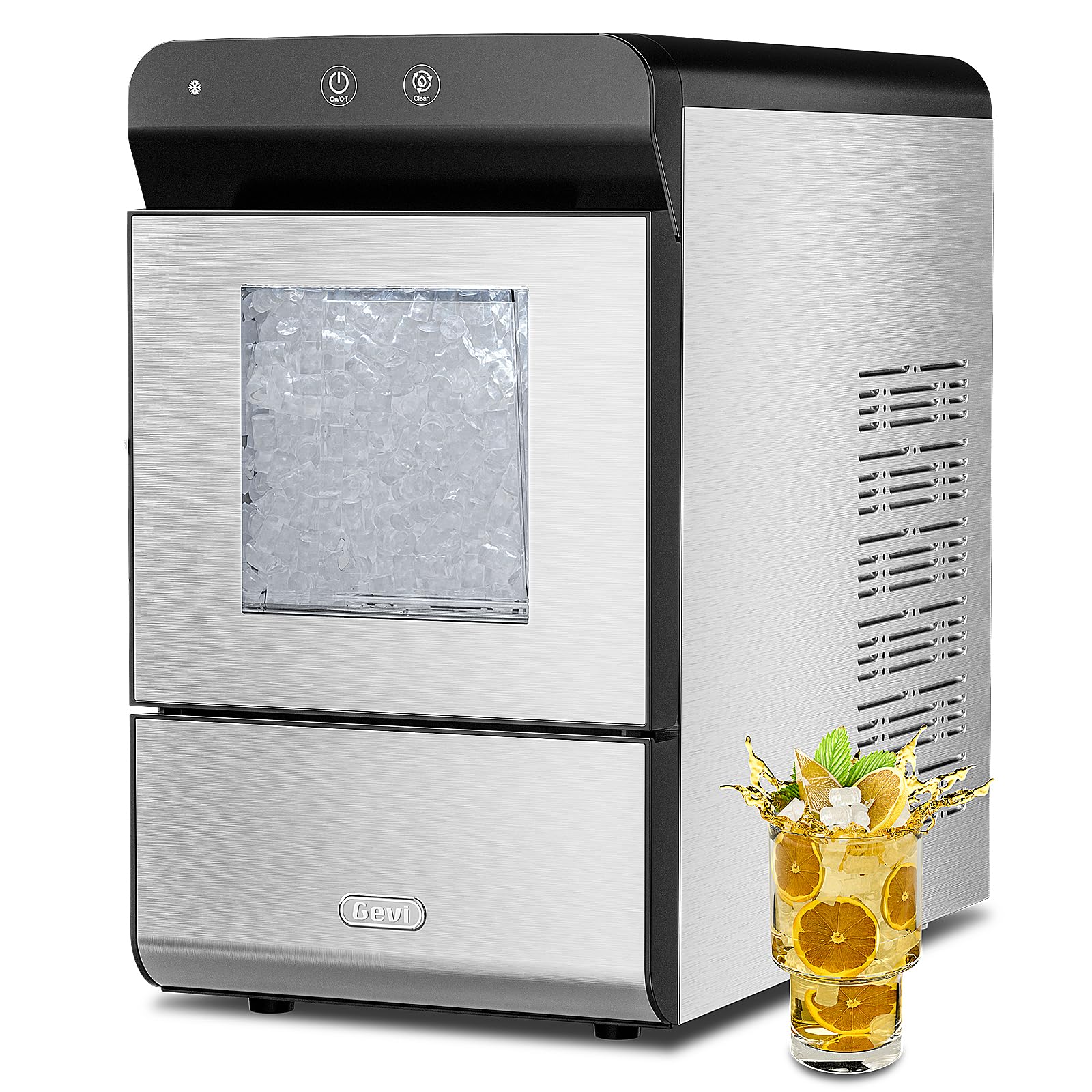 Gevi Household V2.0 Countertop Gemi Nugget Ice Maker with Viewing Window | Self-Cleaning Pebble Ice Machine | Open and Pour Water Refill | Stainless Steel Housing | 16.7''H Fits Under Wall