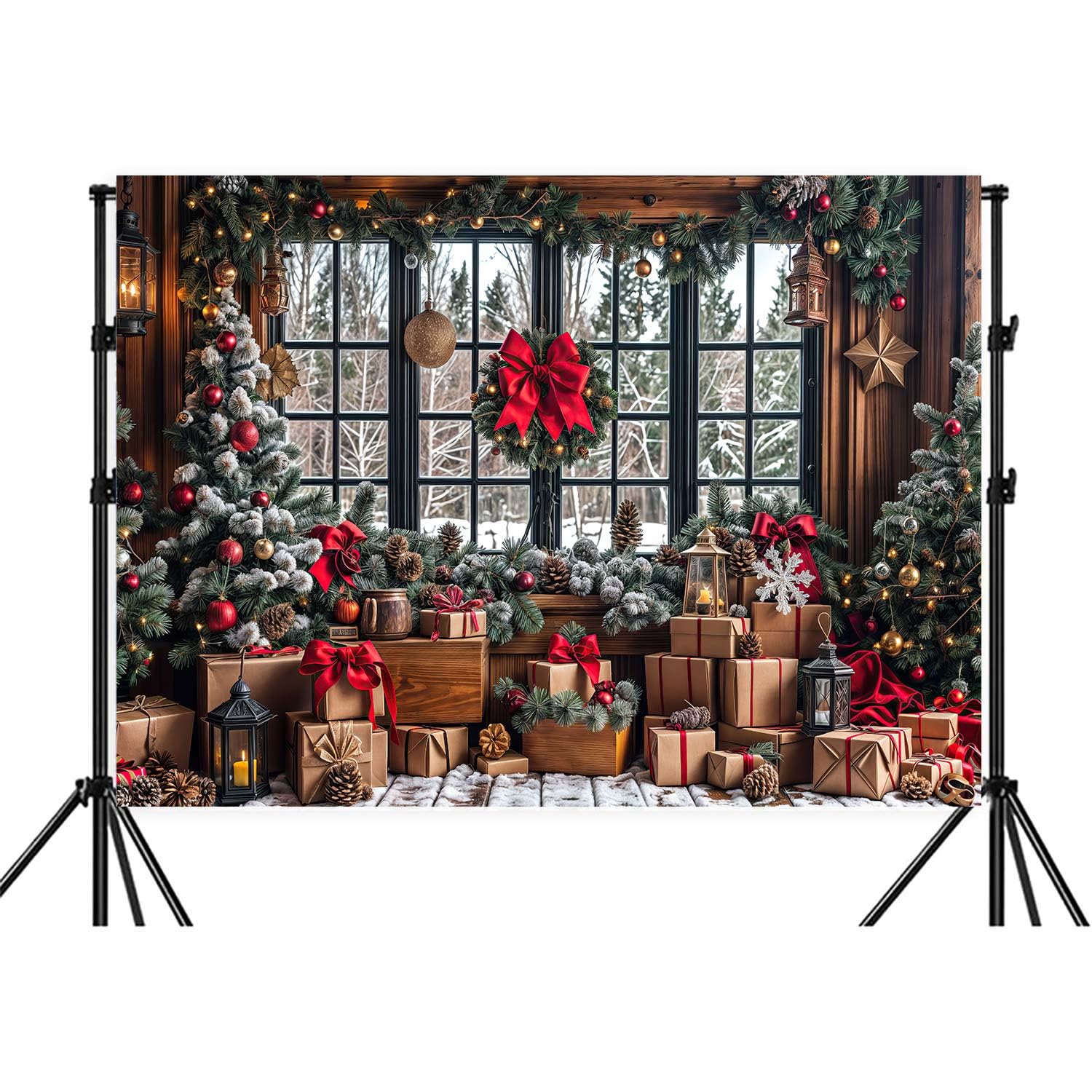 Photo 1 of 10X8ft Winter Christmas Photography Backdrop Red Xmas Tree Snow Rustic Wooden Window Banner for Family Holiday Party Decoration Supplies Photo Studio Props Pictures