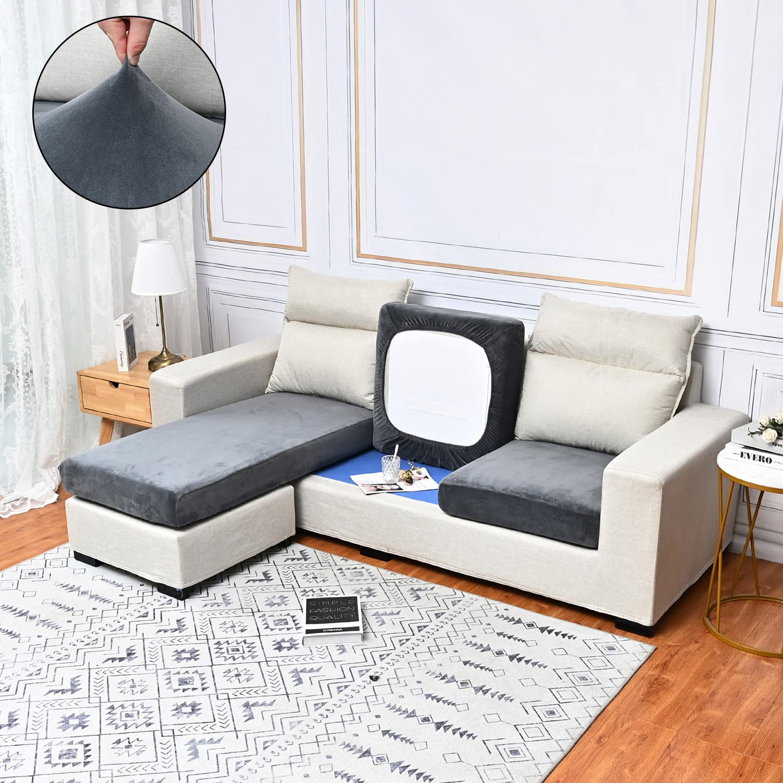 Qelus Velvet Sofa Seat Cushion Cover, 1/2/3/4 Seaters L-Shaped Couch Seat Slipcover, Furniture Protector Cover Separated (Dark Gray,4 Seater)