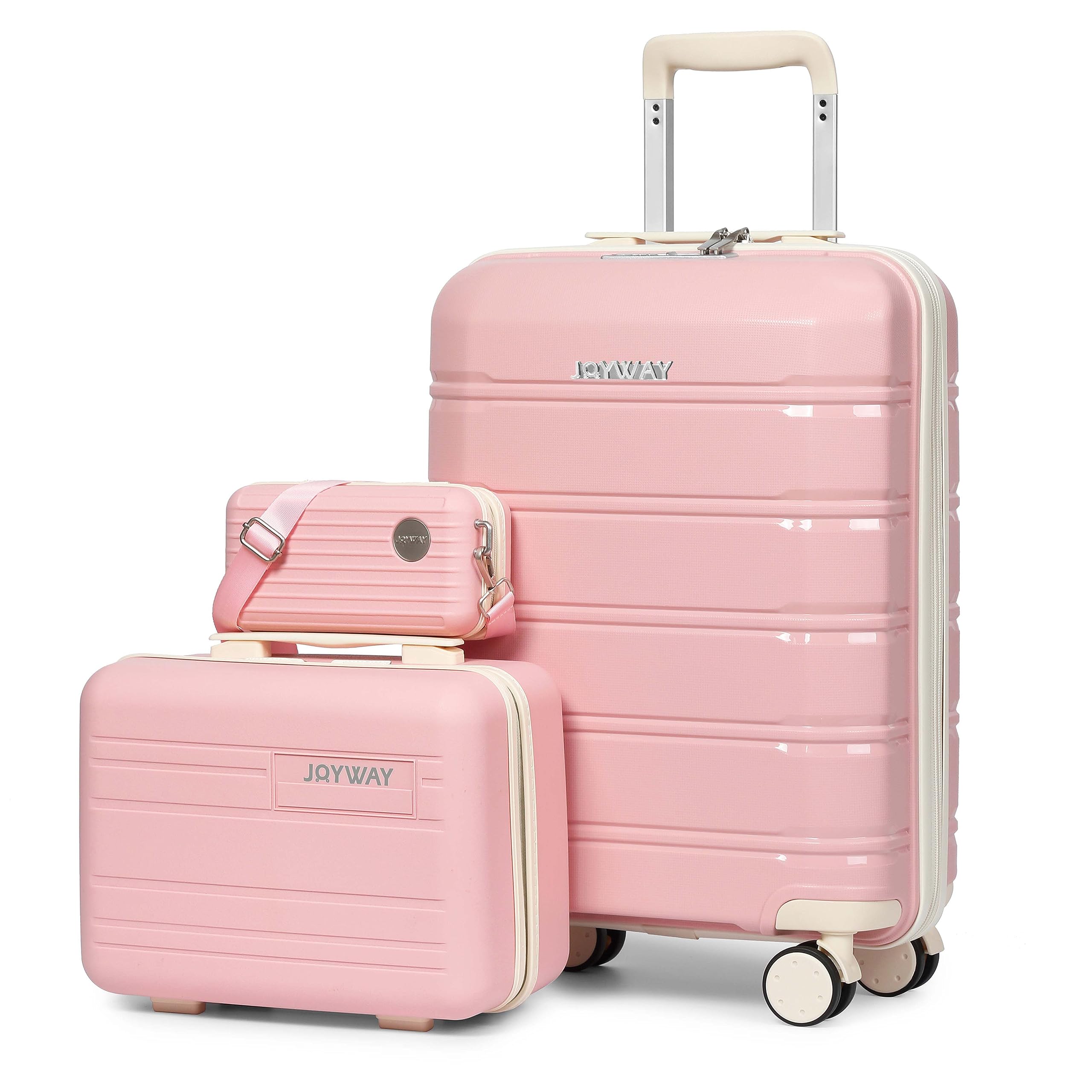 Photo 1 of Joyway Luggage Carry On 20inch Lightweight Polypropylene Carrying Case with TSA Lock, Rigid Suitcases Sets with Swivel Wheels,with 14inch Cosmetic Bag and 7inch Toiletry Pink