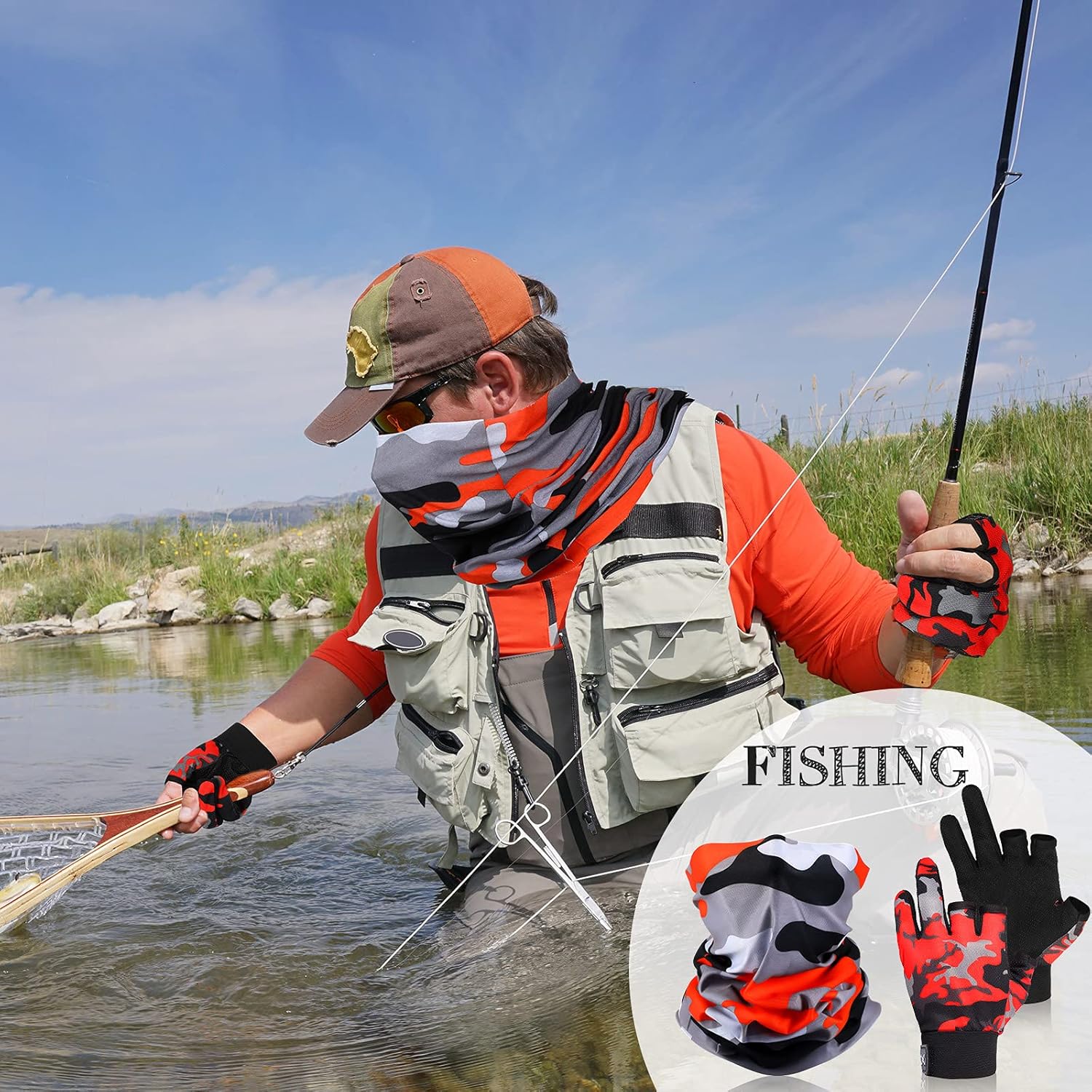 3 Pieces Fishing Gloves Neck Gaiter Includes 1 Pairs of UV Protection Fingerless Gloves and 1 Piece of Fishing Balaclava for Men and Women Kayaking Hiking Paddling Cycling Canoeing Rowing (Red) : Sports & Outdoors
