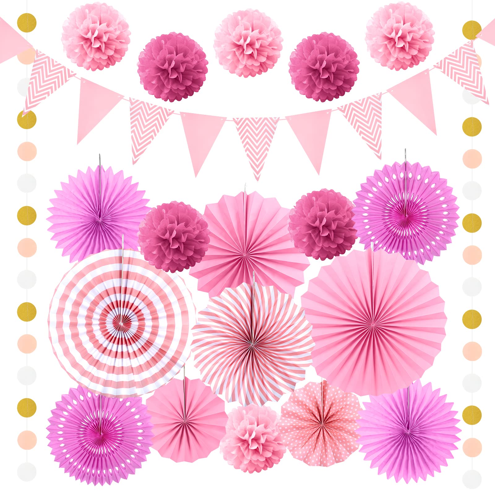 HONMOK 20 Pcs Pink Party Decorations Pink Pom Poms Hanging Paper Fans Flower Honeycomb Balls Polka Dot Garlands Triangle Flags for Girls Birthday Party Christening Baby Shower Decorations