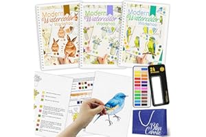 ADEVIAN 3Pcs Watercolor Workbook Paint Book Beginner Friendly Painting Kit, 36 Pages Workbooks with 24 Paint Colors & Brush for Beginners, Stress-Relieving Gift for Women Adults (Bouquet&Animals&Birds)