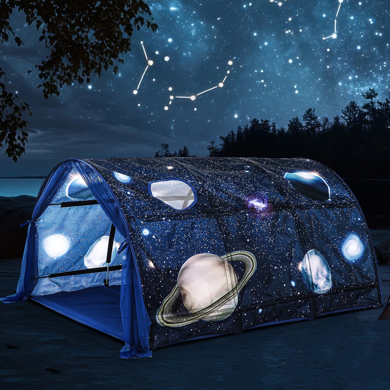 Photo 1 of Wowangce Galaxy Bed Tent for Kids Large Kids Twin Tent Toddler Play Bed with Carry Bag Foldable for Girls Boys Bedroom Indoor Games