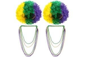 SOLSEW 14 Pcs Mardi Gras Costume Accessory, 2 Pcs Mardi Gras Wig Clown Hat and 12 Pcs Beads Green Purple Gold Metallic Beads Necklaces Accessories Women Men for Parade Throws Carnival Party Decor
