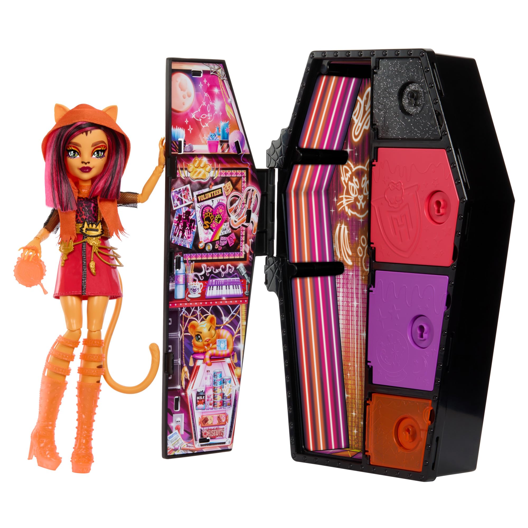 Monster High Doll and Fashion Set, Toralei Stripe Doll, Skulltimate Secrets: Neon Frights, Dress-Up Locker with 19+ Surprises