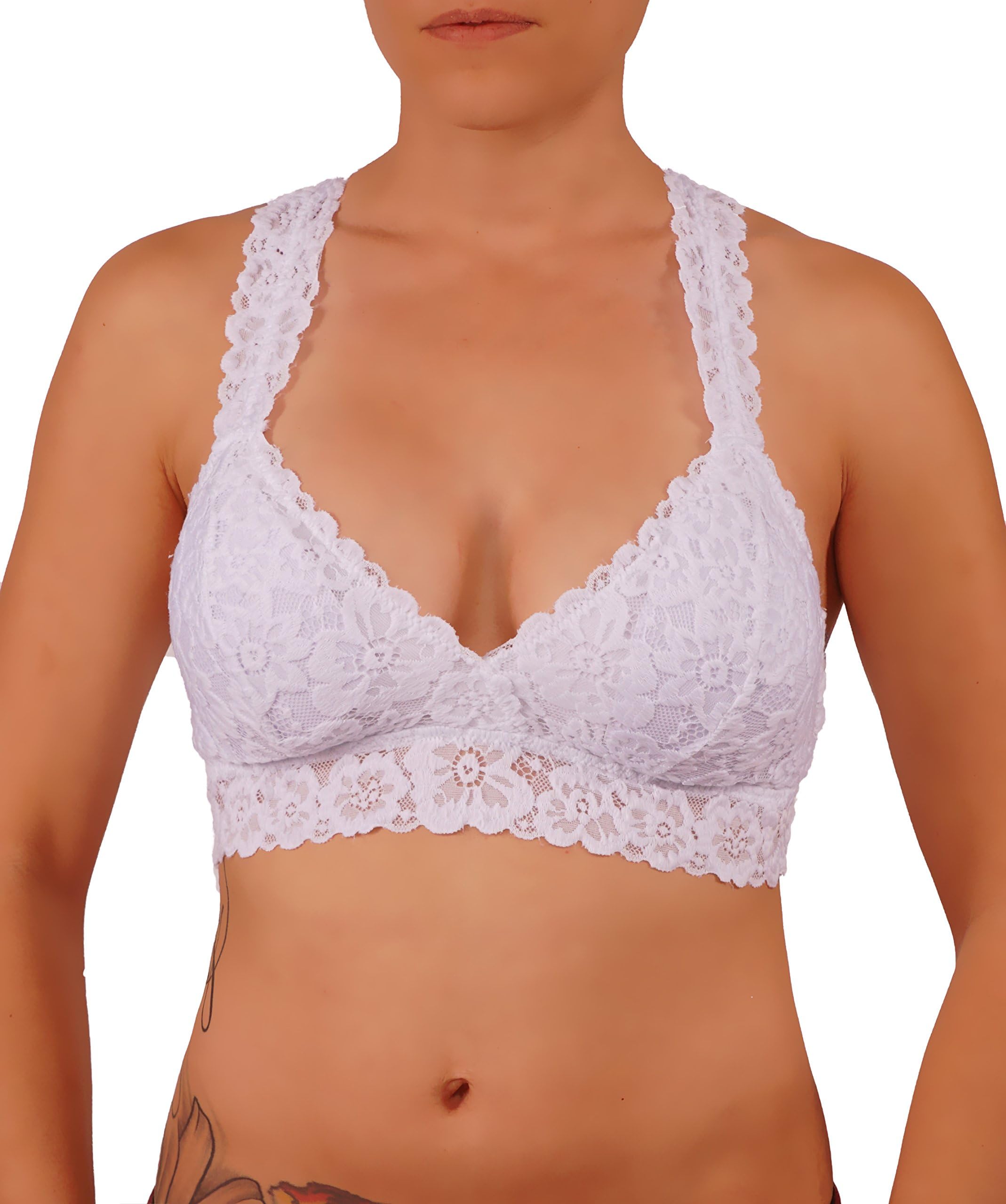 Vibrant Vixen Women's Sexy Lace Bralette Wireless Racerback Bra with Removable Pads Fashion Top (VB82-White, L/XL)