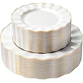 QualQuot 120PCS Pearl White Plastic Plates, Heavy Duty Disposable Party Plates with Gold Rim, 60 Dinner & 60 Dessert for Parties and Wedding