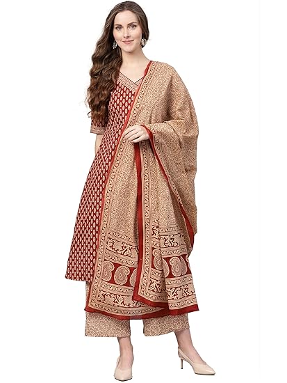 Women's pure cotton A-Line kurta set with palazzo (Maroon)
