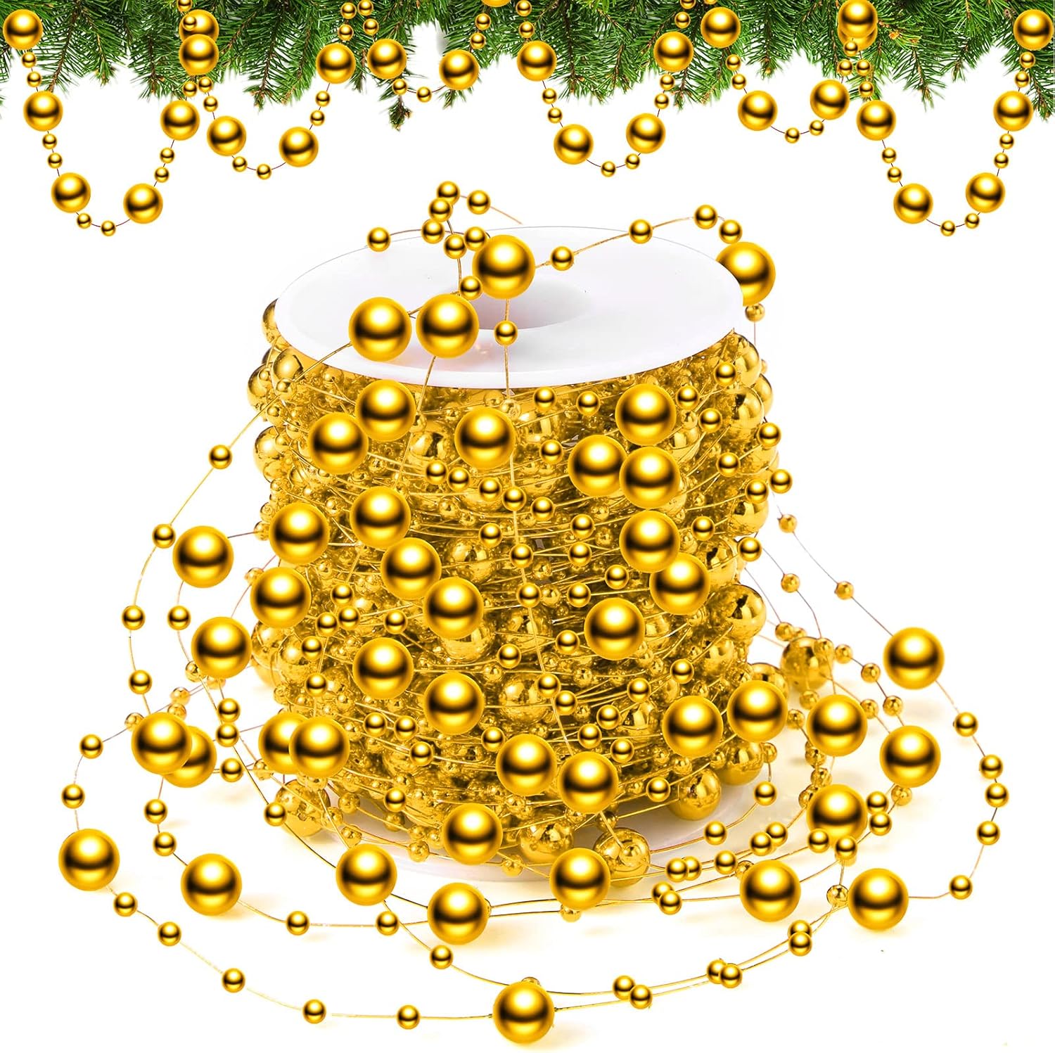 Wreaths, Garlands & Swags - Pangda 65.6 Feet Christmas Tree Beads Garland Plastic Pearl Strands Chain for Christmas Wedding Decoration (Gold)