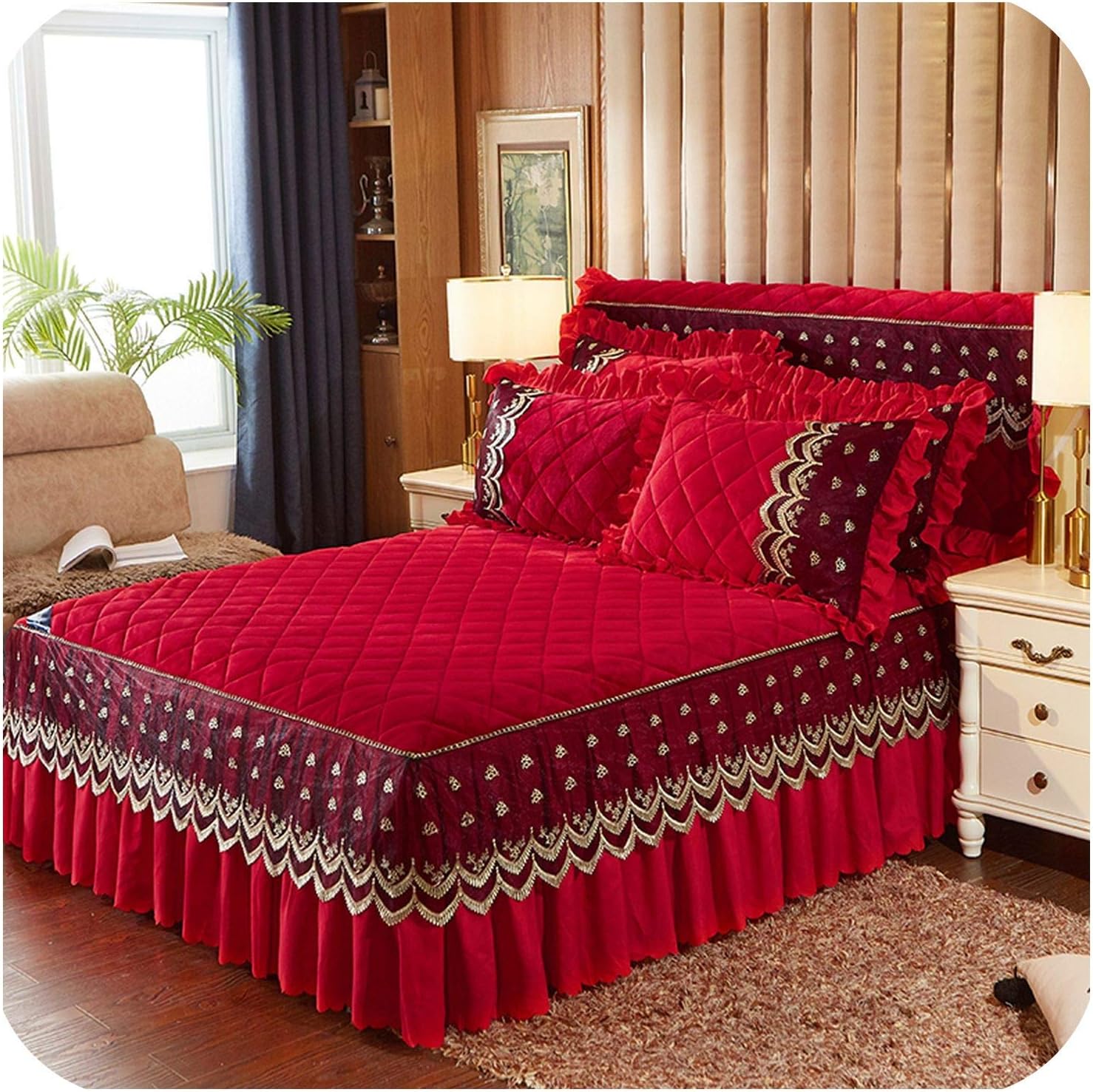 Amazon Com Crystal Velvet Thick Bed Skirt Lace Bedspread Pillowcase 1 3pcs Velvet Girls Bedclothes Bed Sheet Wedding Bedding Home Sw Xl 01 Hong 3pcs Sets 180x220cm Home Kitchen