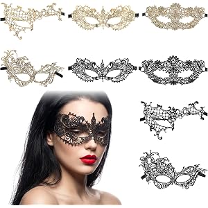 HJZHII 8 Pcs Masquerade Mask, Mysterious Lace Masks for Couples | Black Gold Lace Venetian Mask Adult Masquerade Mask for Wom