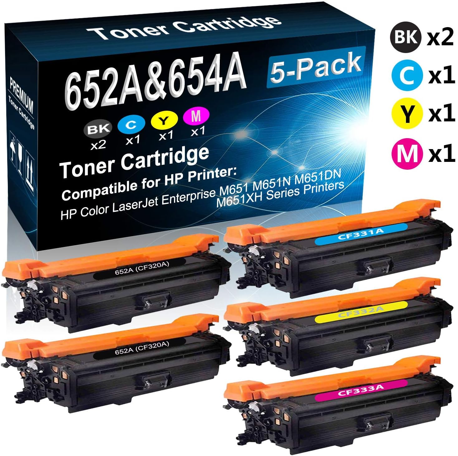 5-Pack (2BK+C+Y+M) Compatible High Yield 652A / 654A (CF320A CF331A CF332A CF333A) Printer Toner Cartridge use for HP Color Laserjet Enterprise M651 M651N M651DN M651XH Series Printers