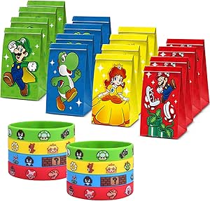 Rekcopu Super Bros Mario Party Supplies Favors 16 Pieces Super Bros Goodie Bags and 16 Pieces Super Bros Bracelets Wristbands For Kids Birthday Super Bros Mario Party Supplies Favors