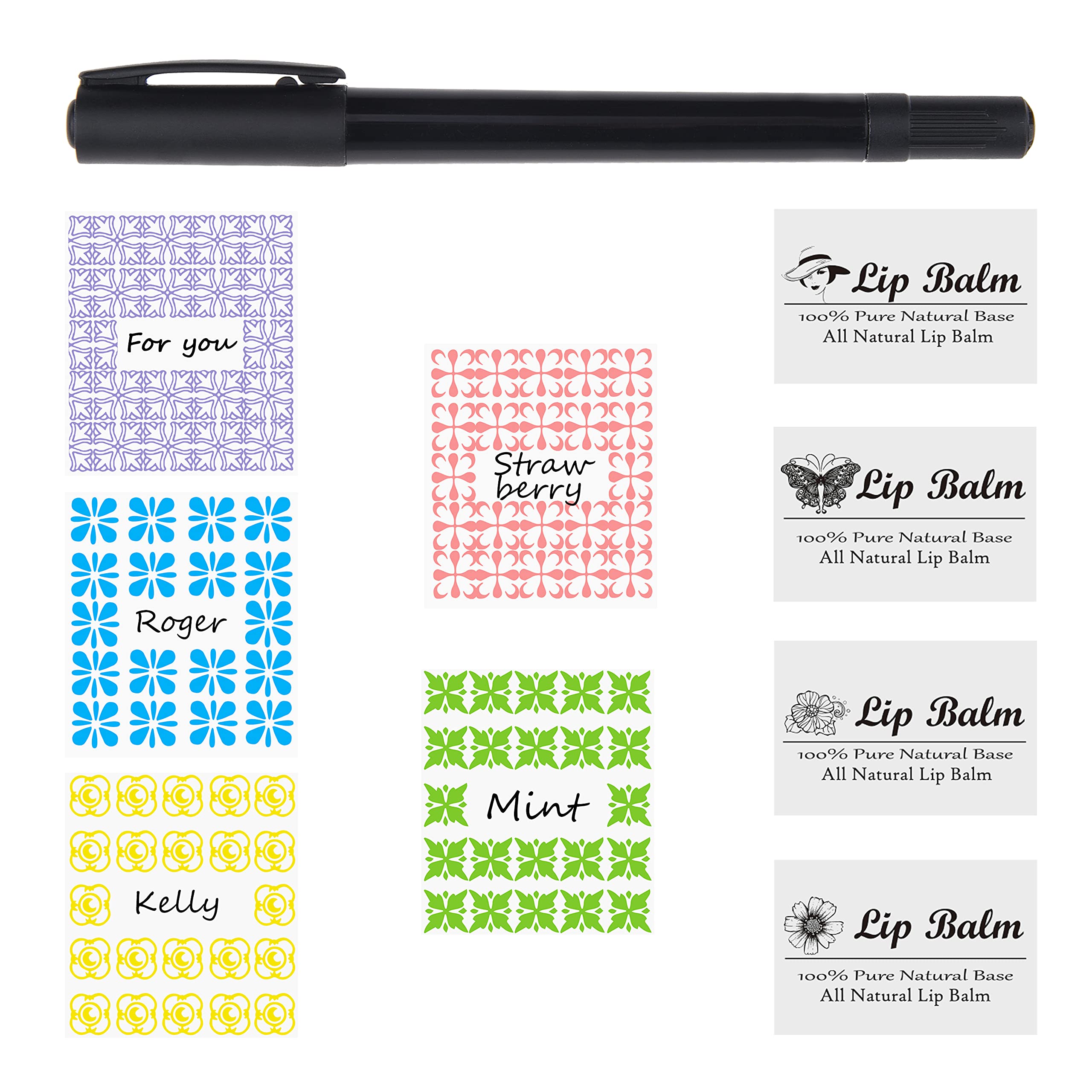 Labels for Lip Balm Tubes/Value Pack of 400 Stickers (or Other Purposes) - 200 Writable Stickers and 200 Printed Stickers - Self Adhesive Easy Peel - Fineliner Pen Included for Label Writing