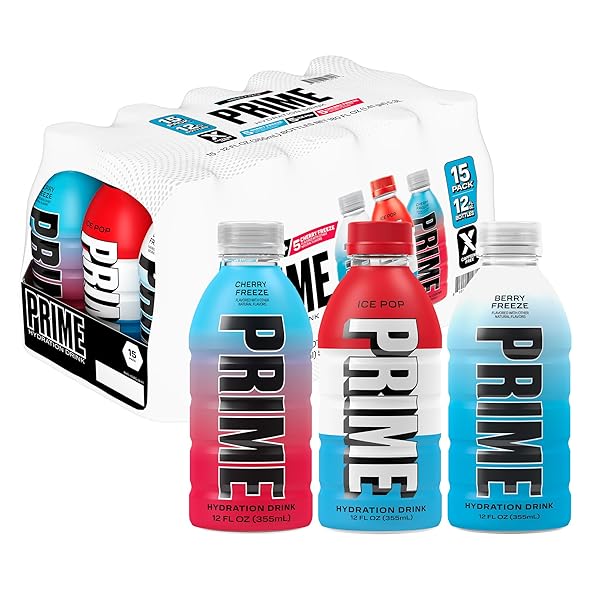 PRIME HYDRATION VARIETY – BLUE FREEZE, CHERRY FREEZE, ICE POP SPORTS DRINKS, ELECTROLYTE ENHANCED FOR ULTIMATE HYDRATION, 250MG BCAAS, B VITAMINS, ANTIOXIDANTS, LOW SUGAR, 12 FL OZ, 15 PACK