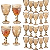24 Pcs Vintage Wine Glasses, 10 Oz Colored Glass Water Goblets, Unique Flower Embossed Pattern High Clear Stemmed Glassware Wedding Party Bar Glass Drinking Cups Flower Amber Fancy Glasses Set of 24