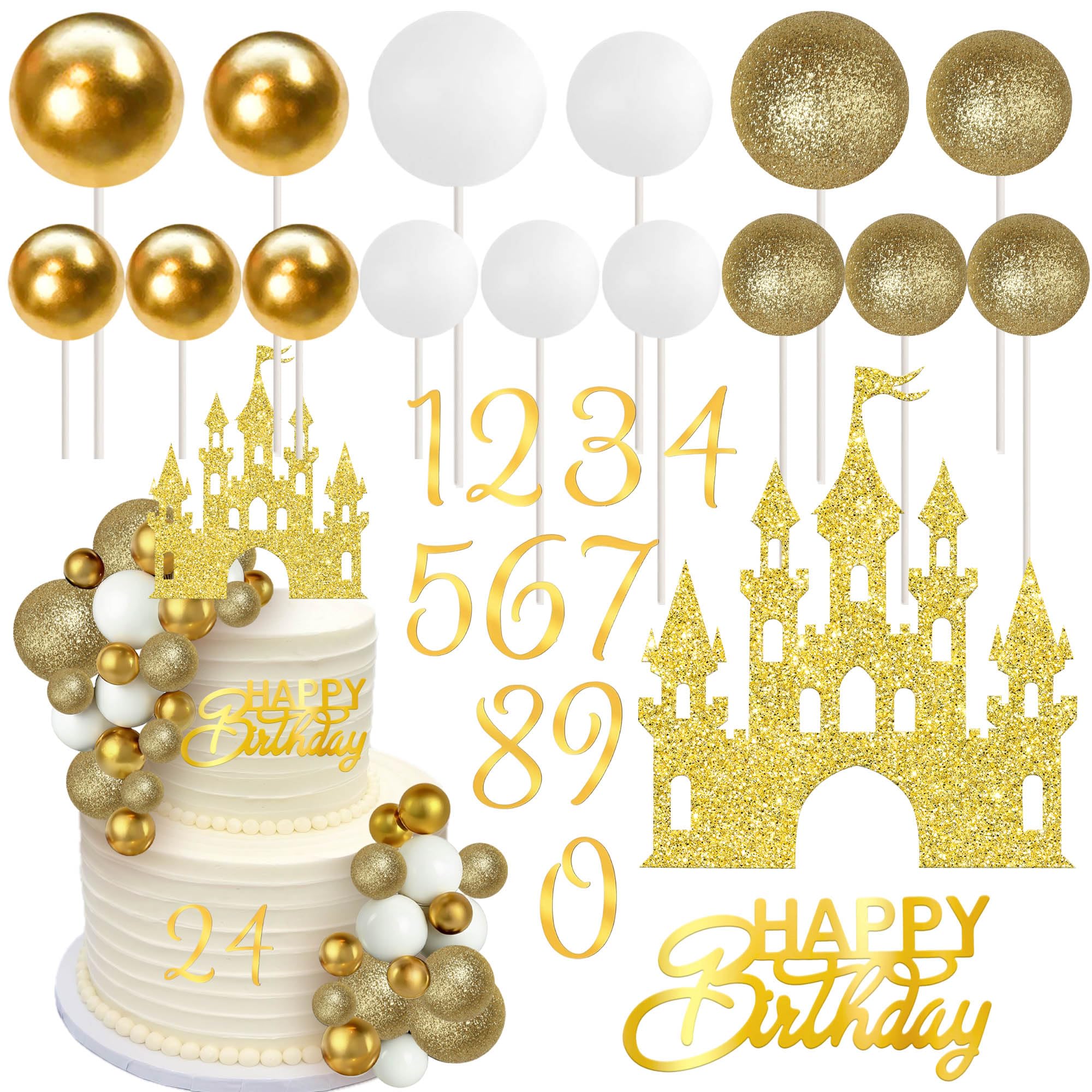 36 Pack Castle Cake Decorations Acrylic 0-9 Numbers DIY Ball Happy Birthday Cake Toppers Mini Balloon Balls Princess Cake Decorations for Castle Theme Wedding Anniversary Birthday Party Supplies