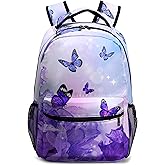 Kwlegh Butterfly Backpack for Girls Purple Flower School Bag Bookbag Lightweight Kids Back Pack for Preschool Primary Elementary Students Casual Daypack