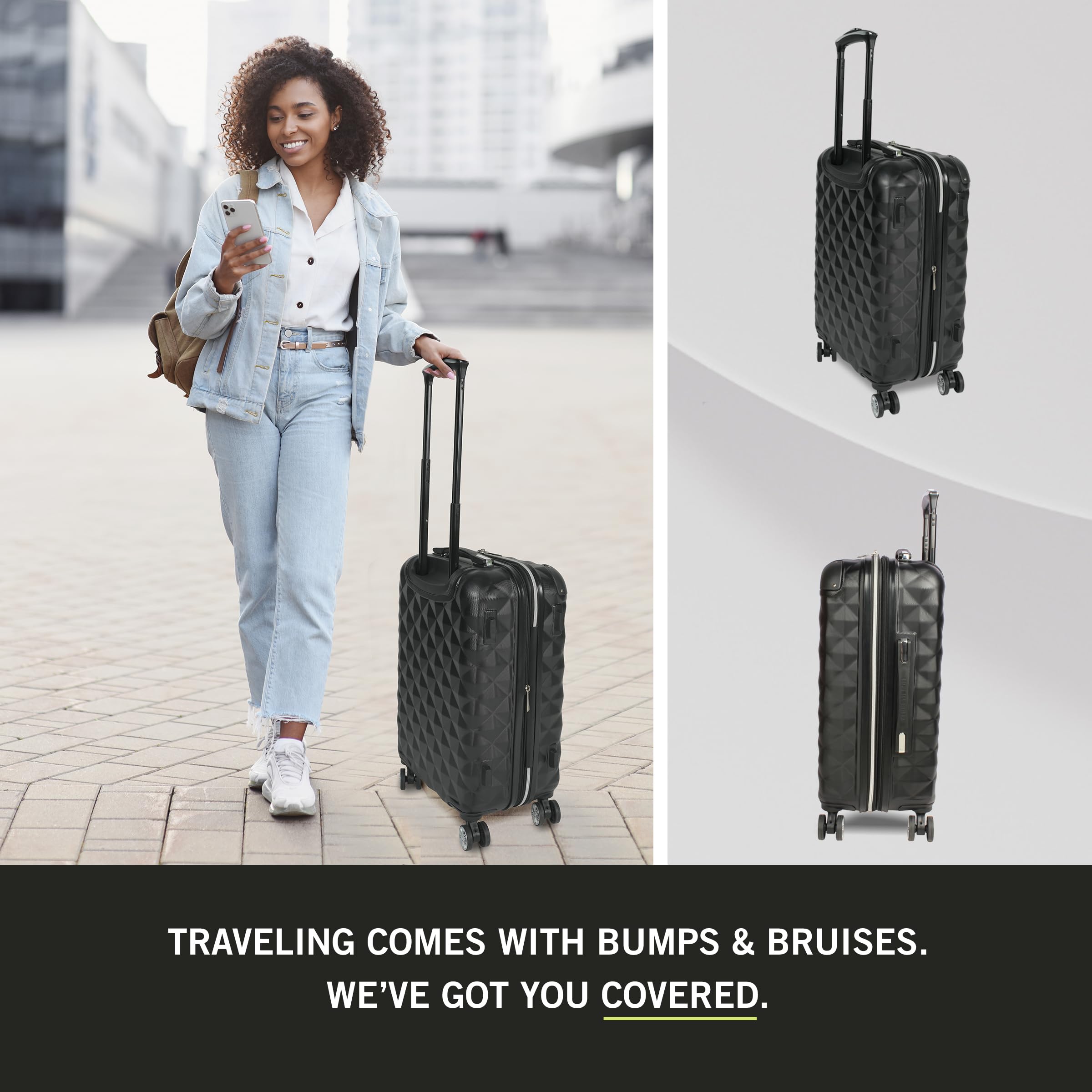 Kenneth Cole REACTION Diamond Tower Collection Lightweight Hardside Expandable 8-Wheel Spinner Travel Luggage, Black, 28-Inch Checked
