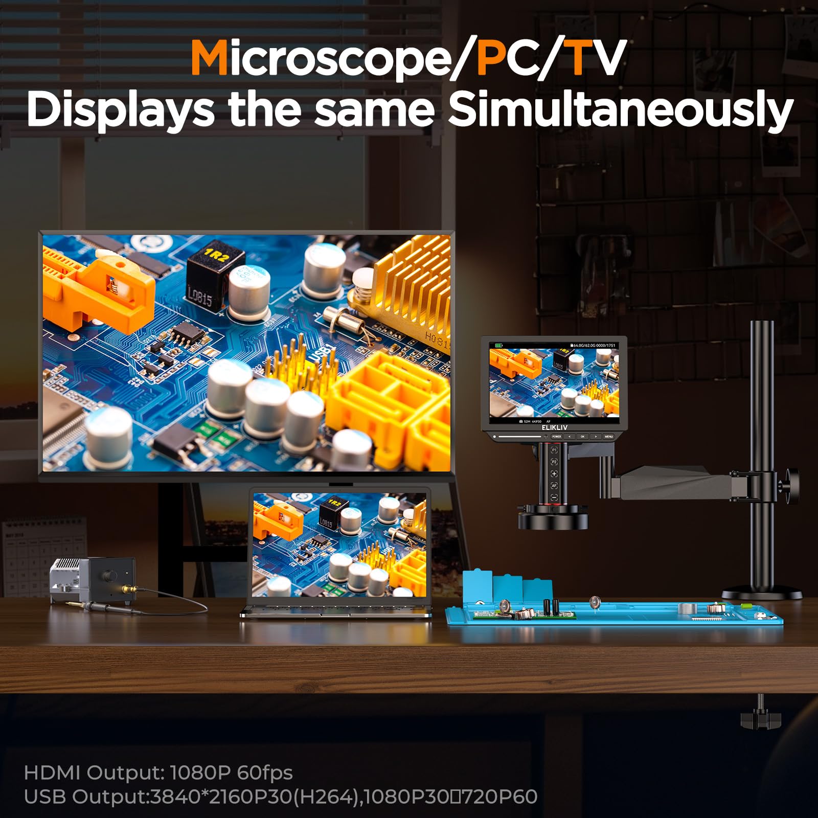 Elikliv Autofocus 4K HDMI Digital Microscope, EM4K-AF Flex Arm Soldering Microscope for Adults, 10.1