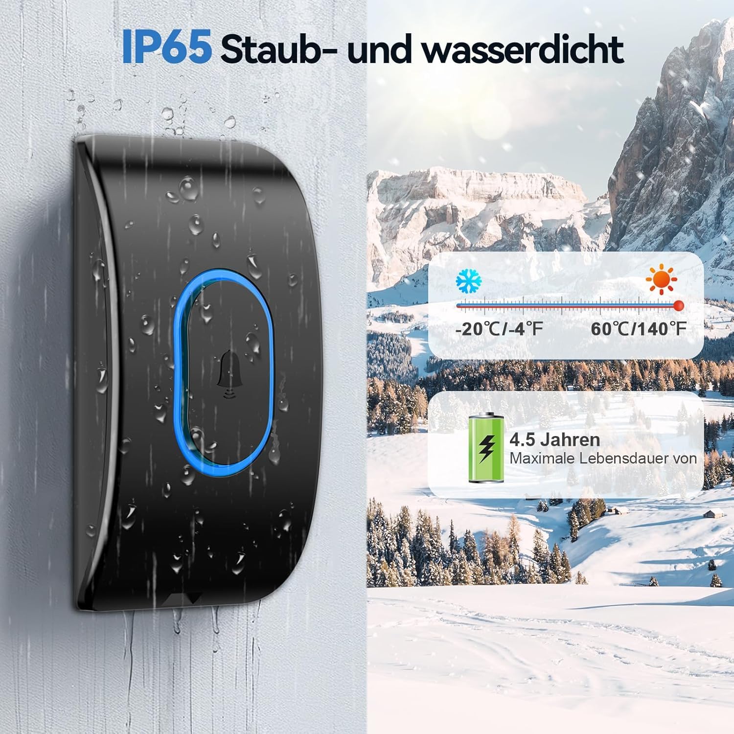 TECKNET Türklingel IP65 Funkklingel Aussen Wasserdicht, 400m Reichweite, Klingelset mit 1 Sender und 3 Empfängern, 5 Lautstärkestufen, 60 Melodien, Funkklingel mit LED-Blitz – Schwarz 4