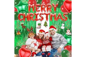 ZFUNBO Red Green Christmas Decorations with Green Fringe Curtains, Heart Stars Confetti Balloon, Merry Christmas Foil Balloons, Christmas Glasses Frames and Hanging Swirls for Xmas Party Supplies