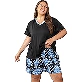 Vozanet Women's Short Sleeve Top and Shorts Pajama Sets Plus Size V Neck Colorful Flower Nighty Loungewear With TWO Pockets