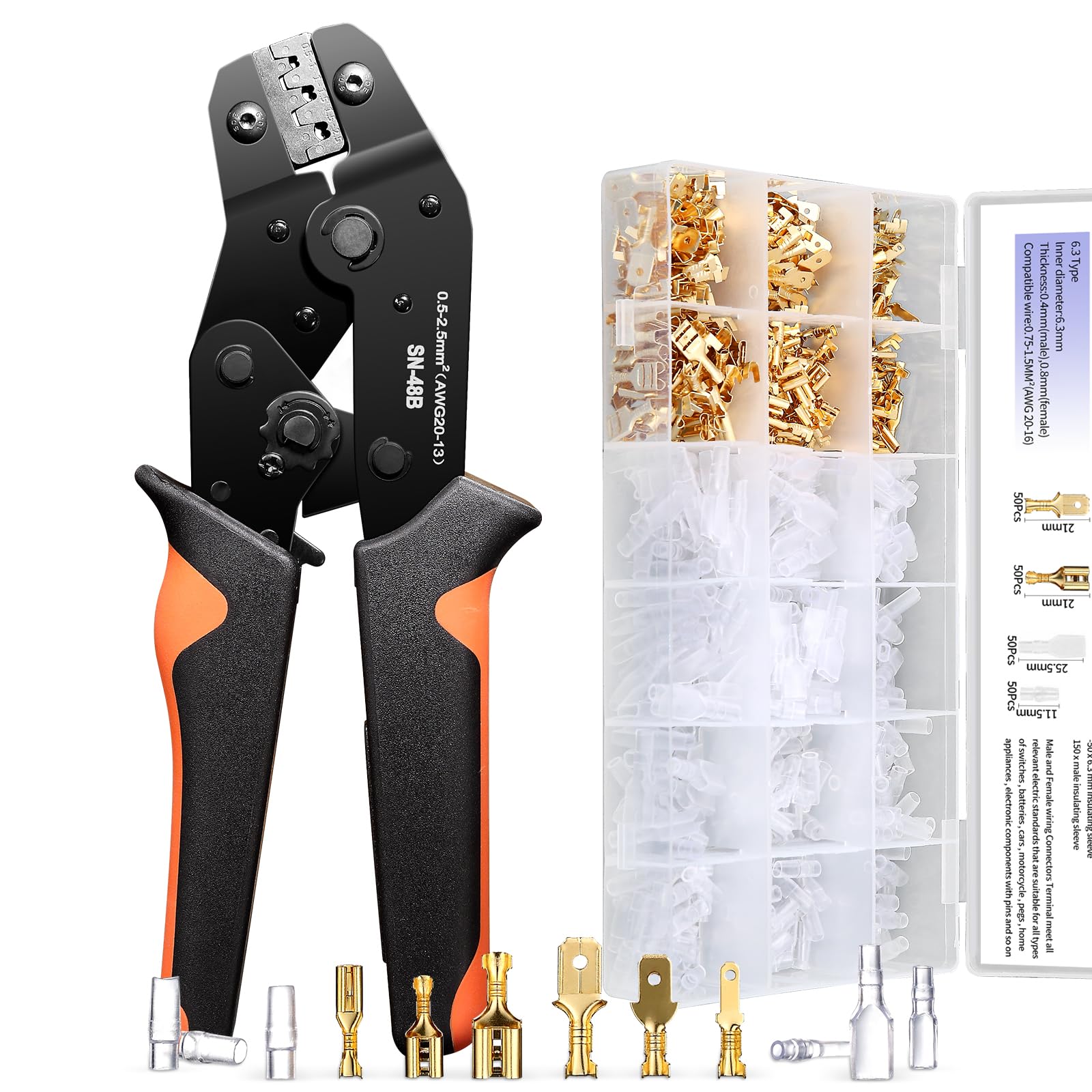 PotentForce Crimping Tool Set - 600pcs Crimp Connectors for 0.5-2.5mm²/AWG 22-16 Wire, Suitable for 2.8mm, 4.8mm, 6.3mm Spade Connectors