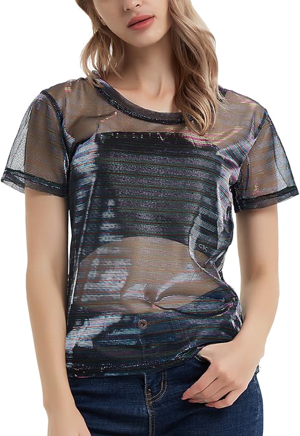 Holografisches MeshHemd, metallisch schimmernd, durchsichtig, glänzend