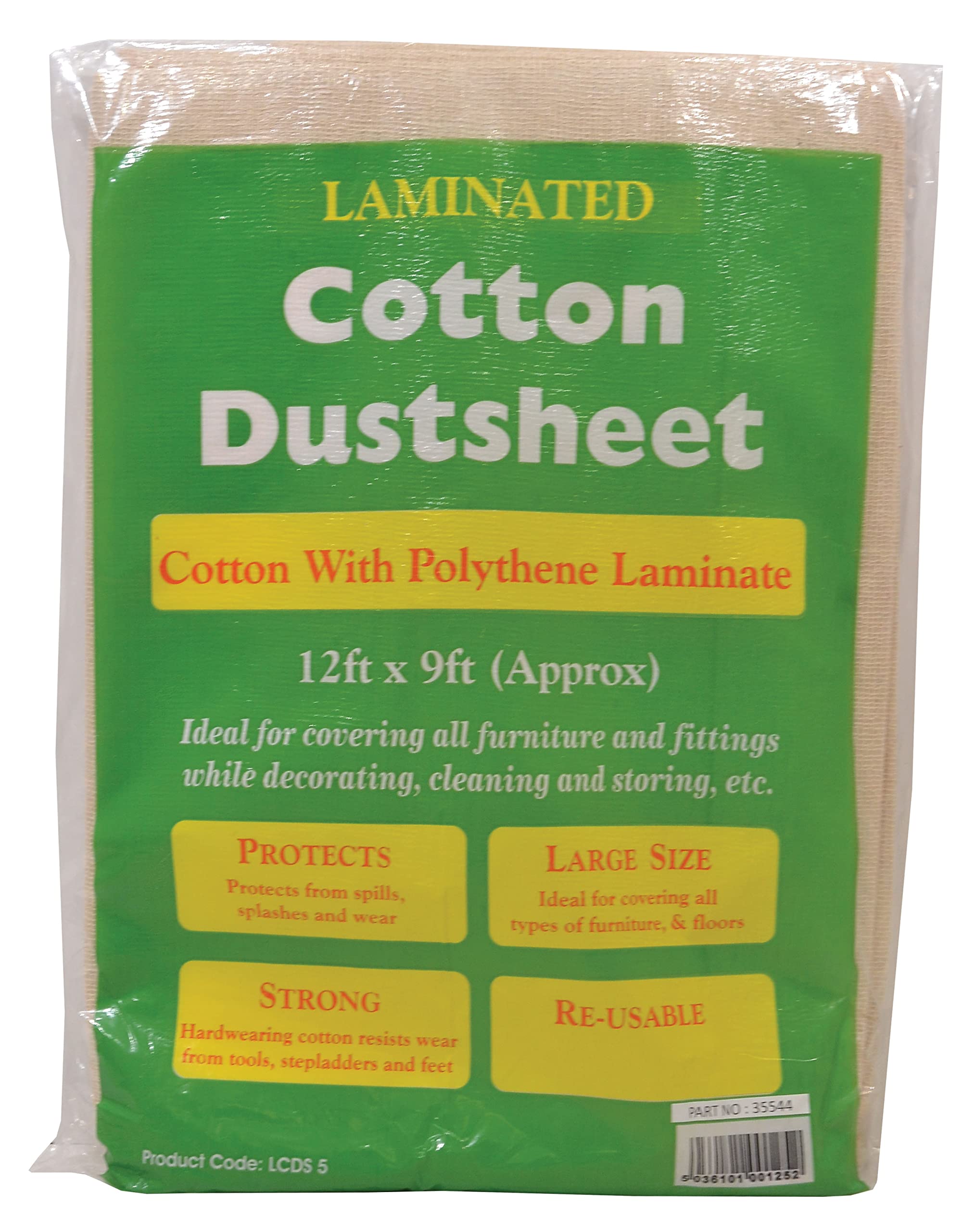 Cotton Decorating Dust Sheet, with Polythene Laminate Finish, Protects from Spills and Splashes, Hardwearing and Re-Usable, 3.6m x 2.7m