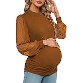 FMEYOA Women's Maternity Shirt Long Sleeve Top Swiss Dot Mock Neck Ribbed Knit Striped Ruched Side Blouse
