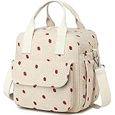 LOVELYWIND Strawberry Lunch Bag for Women, Family-Friendly Corduroy Insulated Tote, Large Crossbody Cooler with Adjustable Strap, Reusable Lunch Box Fits Full-Sized Bottle, Beige Multipurpose Satchel