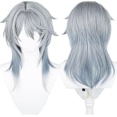 maysuwell Anime Gray Blue Wig Fantasy Western Priest, Angel Style Halloween | Men Long Straight Wig Layered Haircut Christmas,Comic con Heat Resistant Fiber Wig Breathable Rose Mesh Inner Free Cap