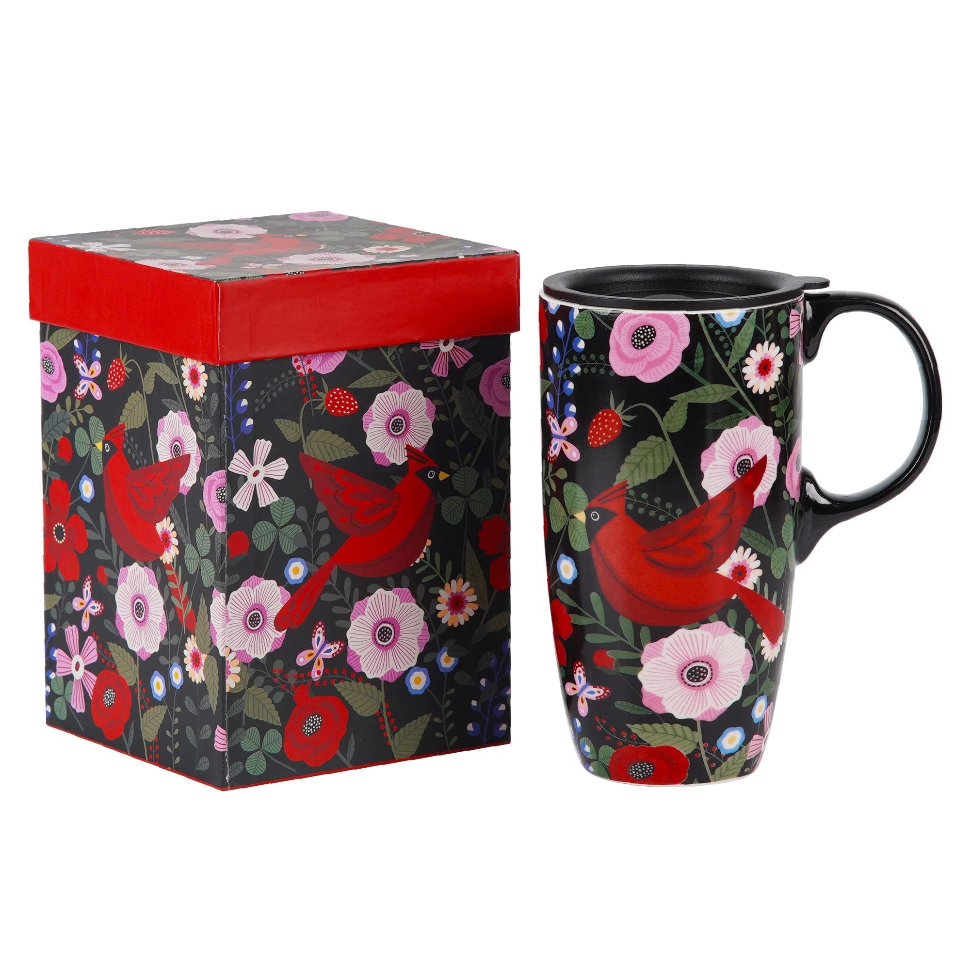 Topadorn Ceramic Mug with Gift Box Coffee Mug Latte Mug with Lid and Handle,17oz. Red Bird