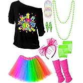 Blulu Halloween 80s Costume Accessories Set T-shirt Colorful Tutu Headband Earring Necklace Leg Warmers for Women(Stylish,Aged 14-16)