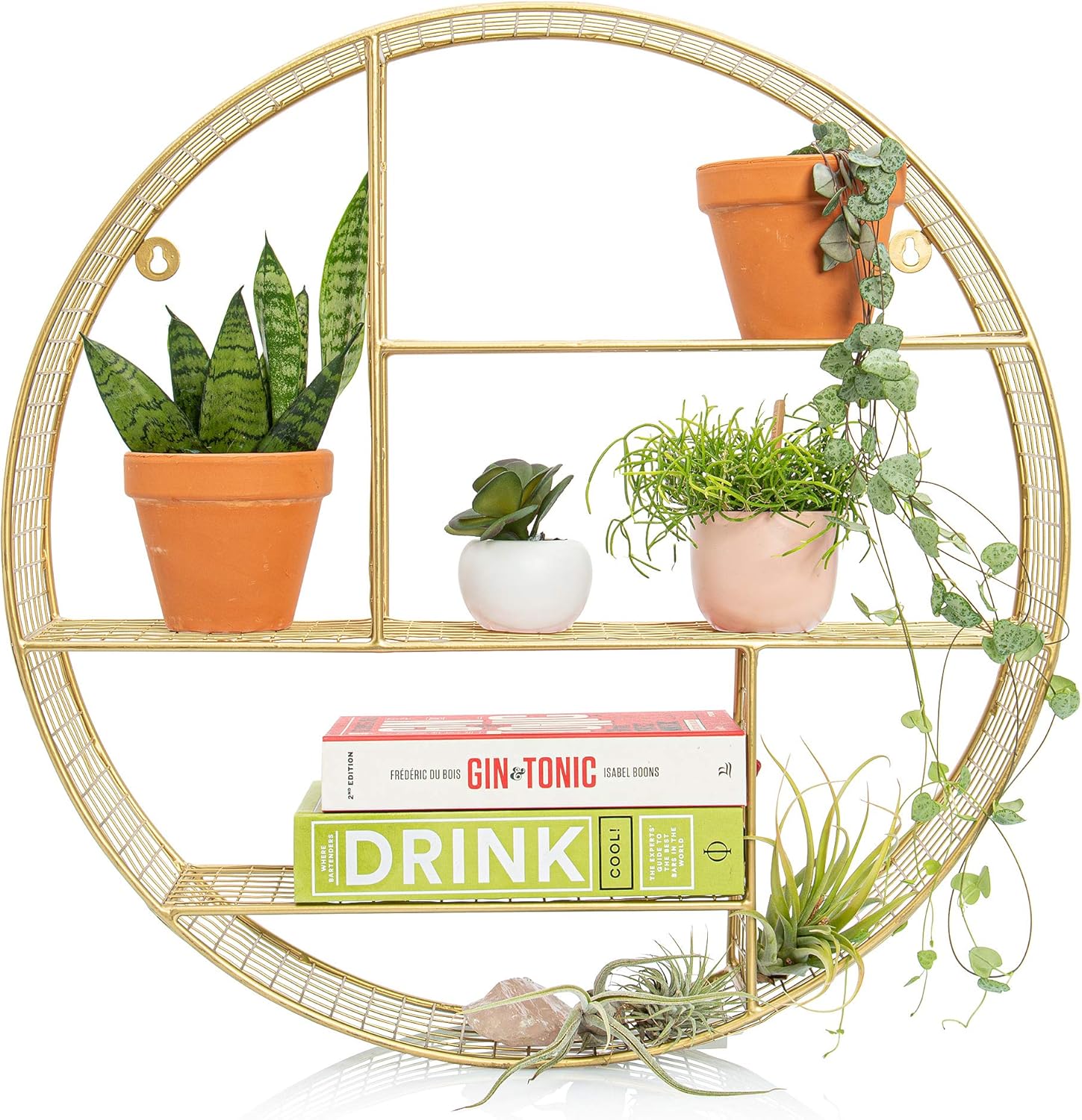 Luxe Gold Round Circular Floating Shelves, Large Decorative Bathroom, Living Room, Kitchen and Bedroom Wall Decor, Brass Geometric Wall Art, Metal Wire Mesh Sconce Shelf, Boho Circle Accent Display